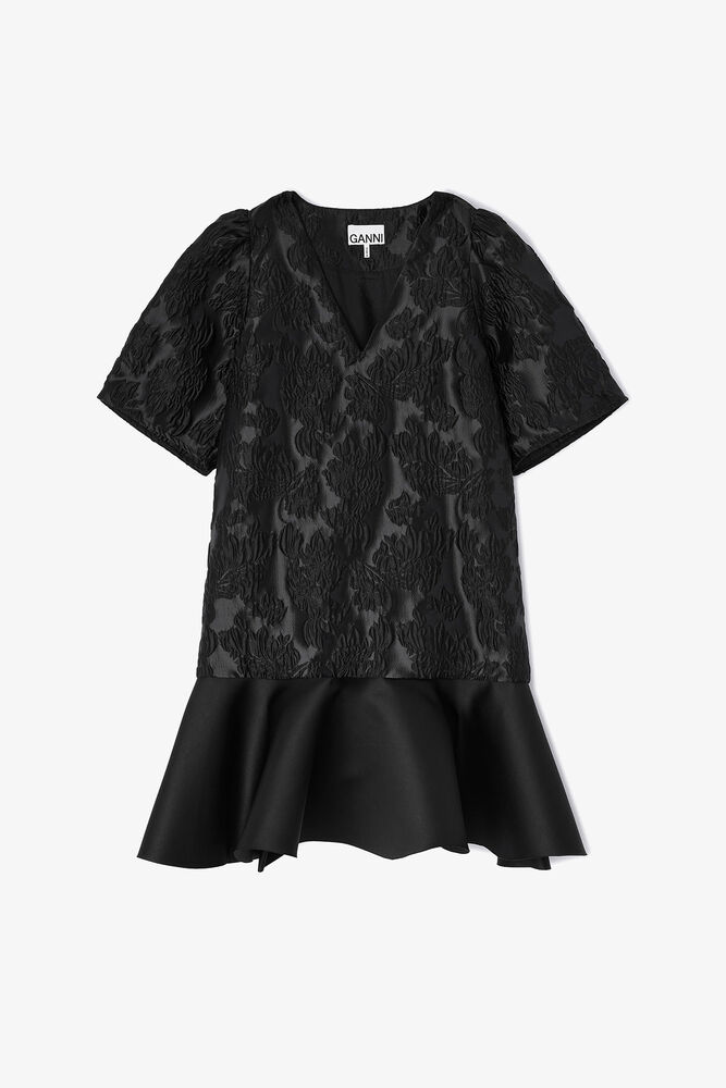 Satin Cloque Mini Dress, Black