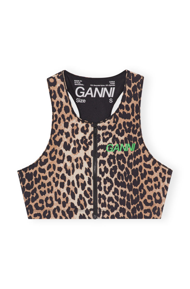 Active Racerback Zipper Top, Recycled Nylon, in colour Leopard - 1 - GANNI