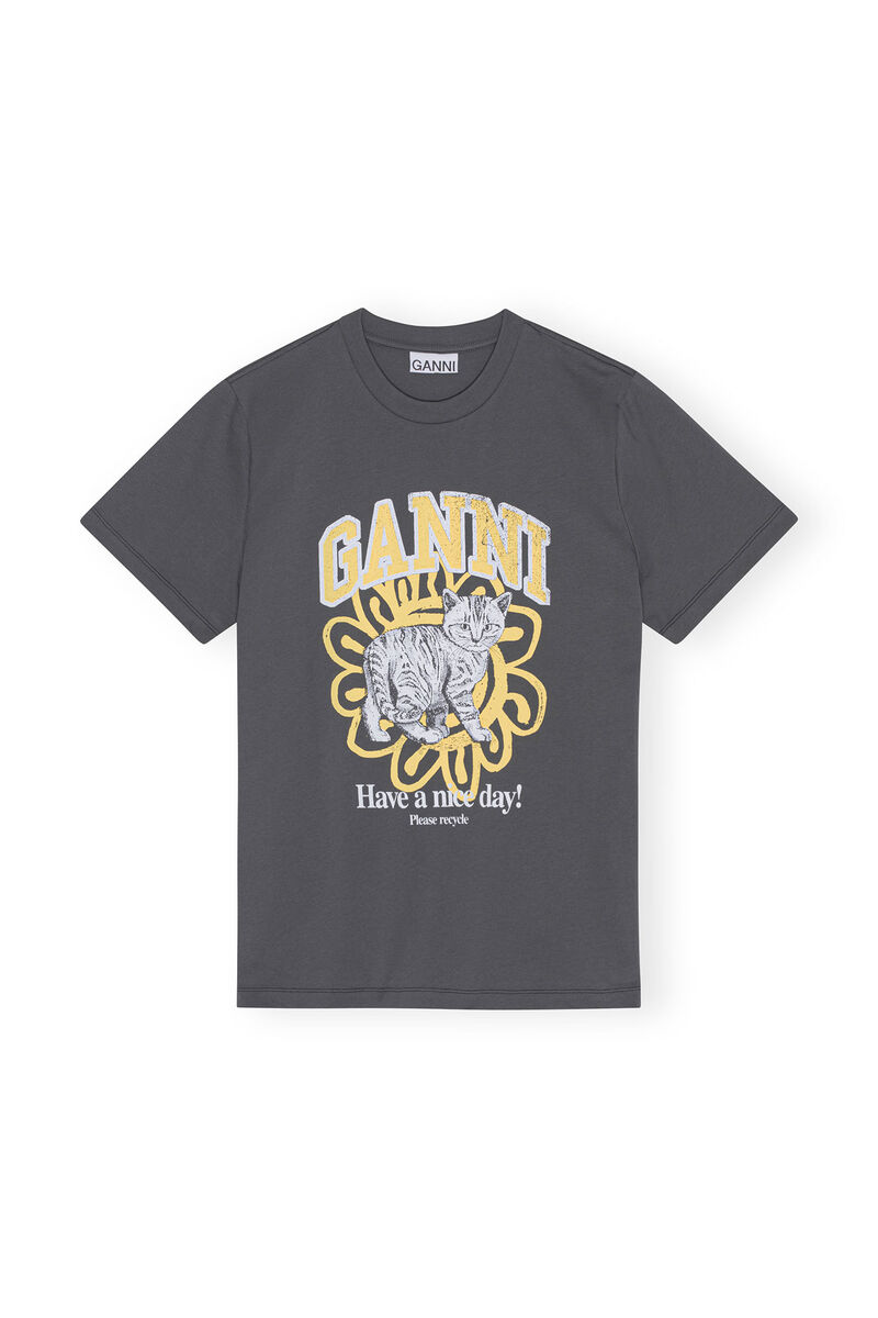 Relaxed Cat T-shirt , Cotton, in colour Volcanic Ash - 1 - GANNI