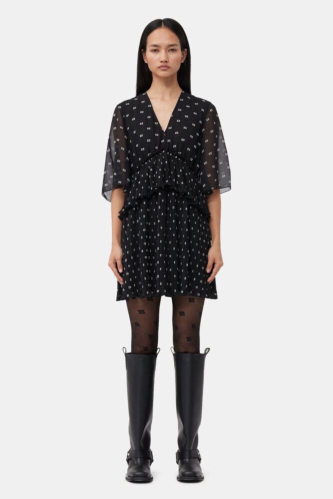 Black Pleated Georgette V-neck Flounce Minikjole, Black