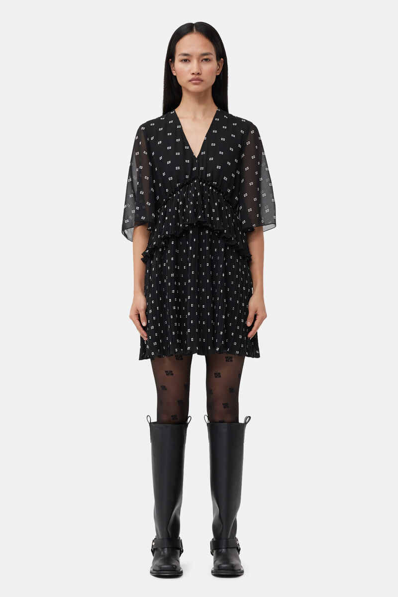 Black Pleated Georgette V-neck Flounce Minikjole, Recycled Polyester, in colour Black - 1 - GANNI