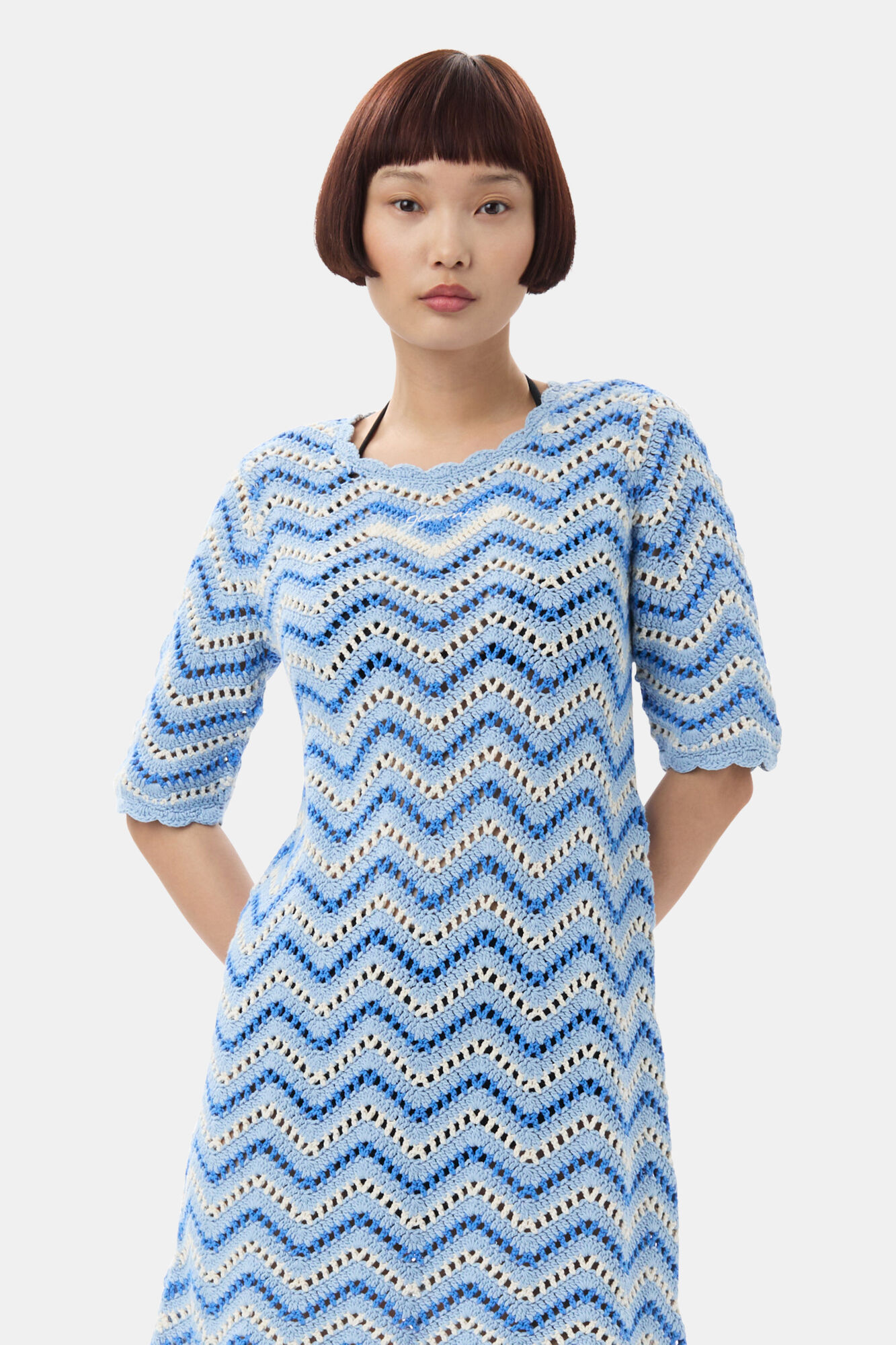 Blue Cotton Crochet Mini Dress, Cotton, in colour Heather - 2 - GANNI