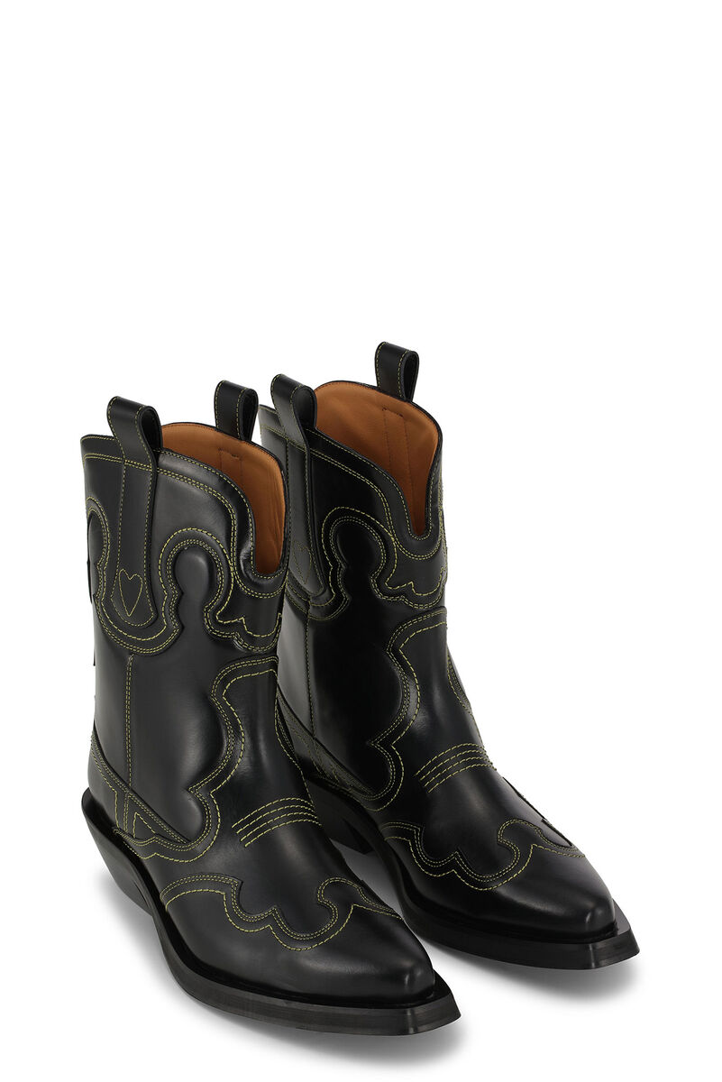 Black/Yellow Low Shaft Embroidered Western Støvler, Calf Leather, in colour Black/Yellow - 3 - GANNI