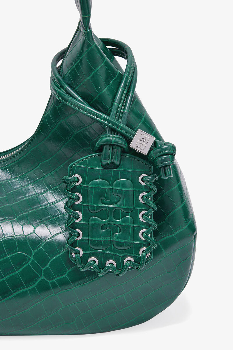 Green Croco Medium Hobo Bag, Recycled Leather, in colour Pineneedle - 3 - GANNI