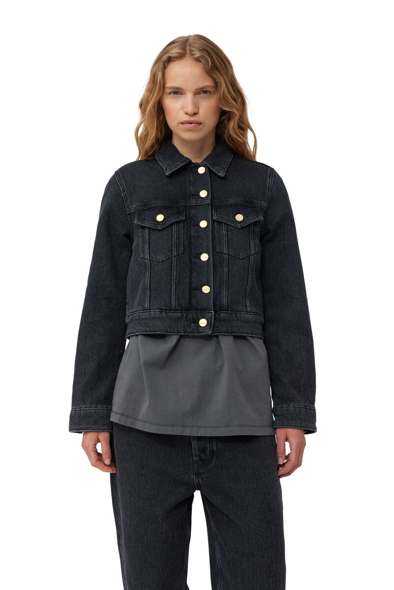 Washed Black Heavy Cropped Denim Jacket, Cotton, in colour Washed Black/Black - 1 - GANNI