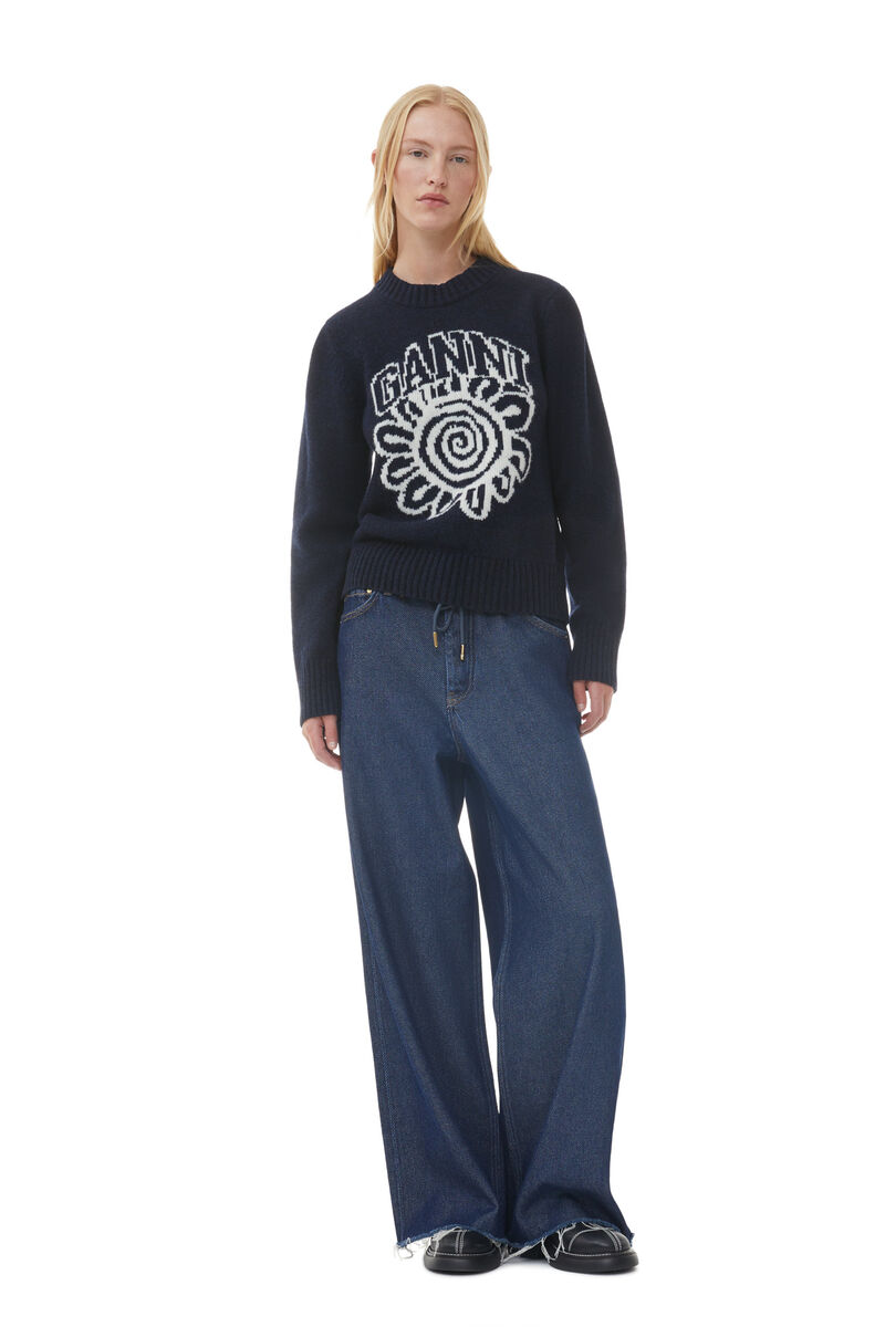 Blue Flower Graphic O-neck Pullover, Recycled Polyamide, in colour Sky Captain - 2 - GANNI