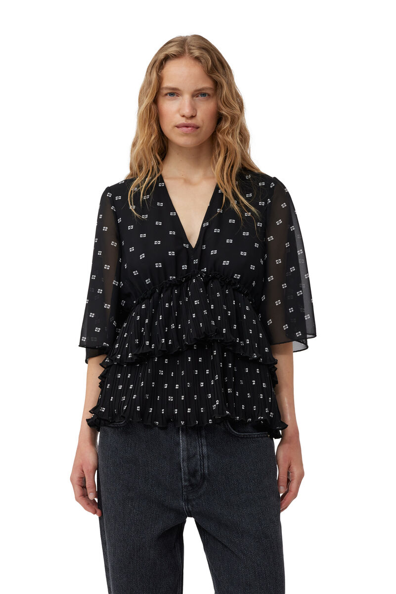 Black Pleated Georgette V-neck Flounce Blouse, Recycled Polyester, in colour Black - 1 - GANNI