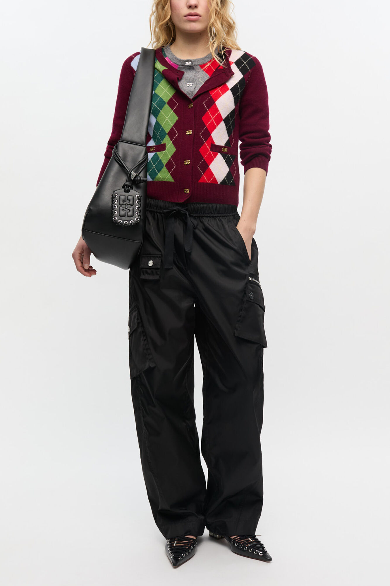 Burgundy Check Cardigan, Merino Wool, in colour Tawny Port - 2 - GANNI