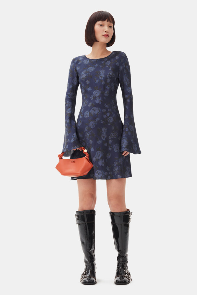 Dark Blue Floral Printed Mini Dress, Peacoat