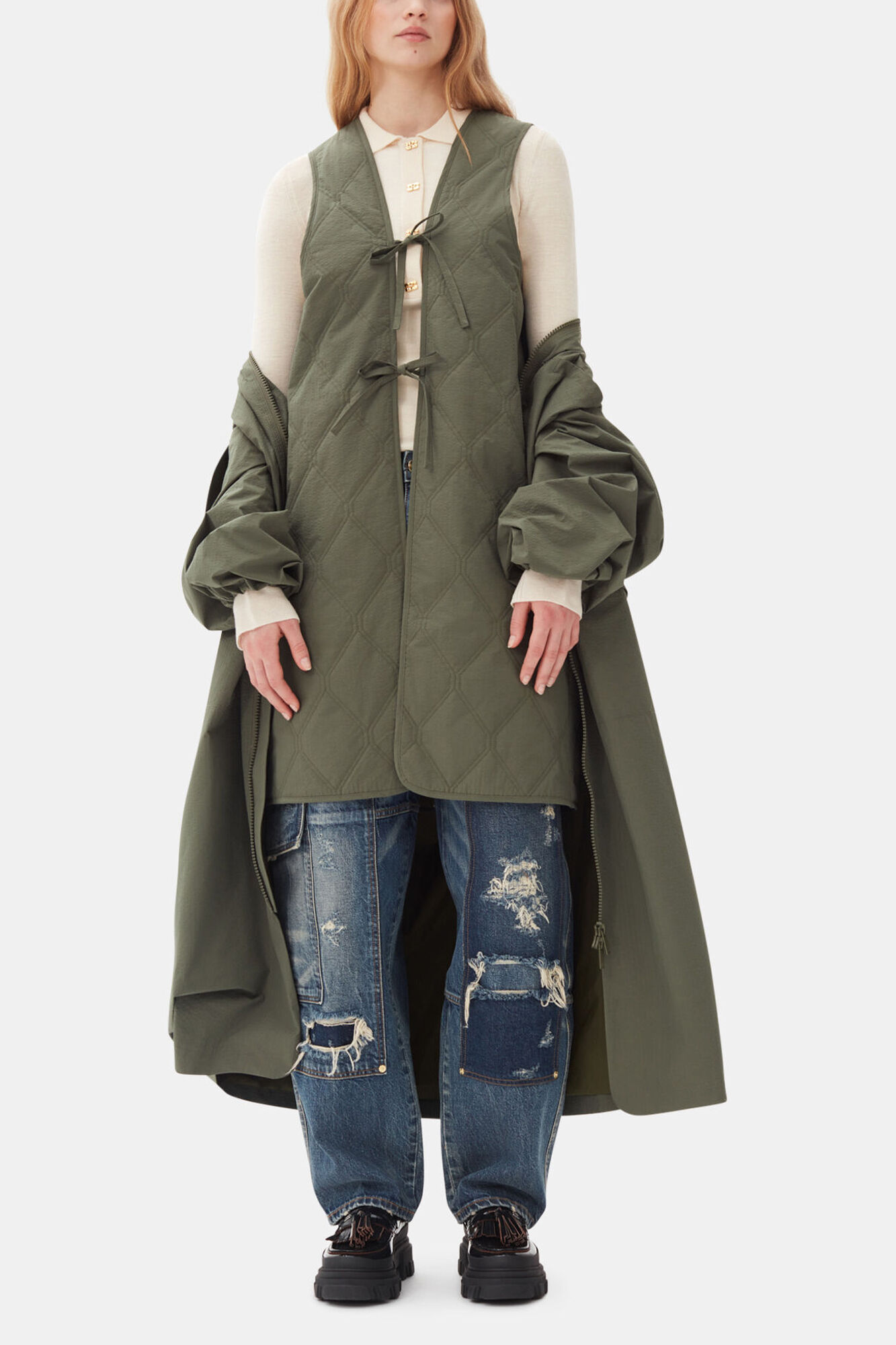 Green Tech Seersucker Oversized Shell Coat | GANNI LV