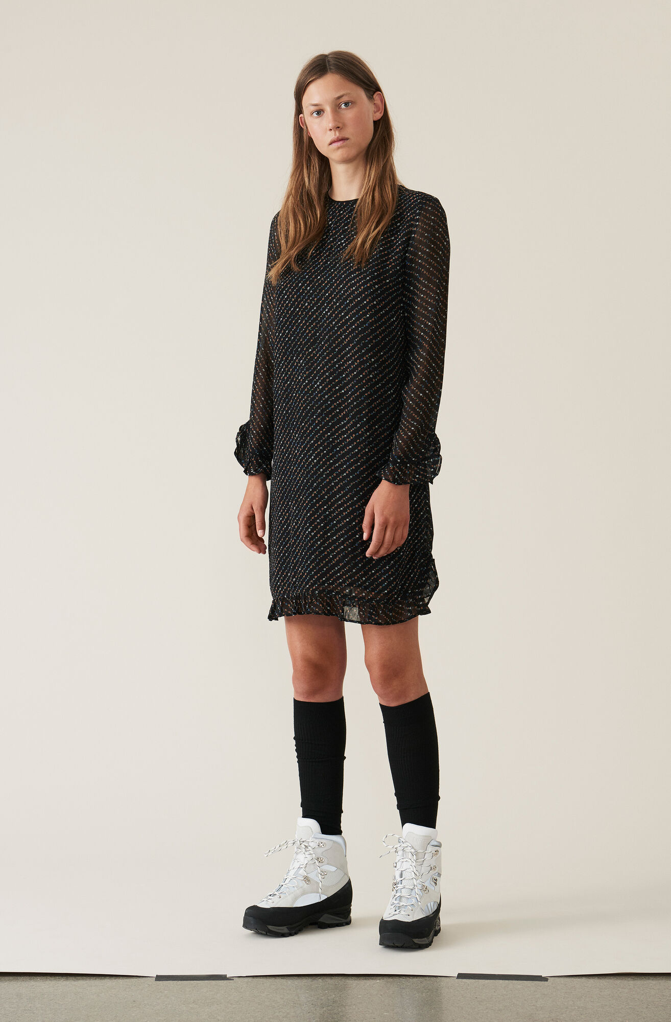 Printed Georgette Mini Dress, Black Printed Georgette Mini Dress, Black, hi-res