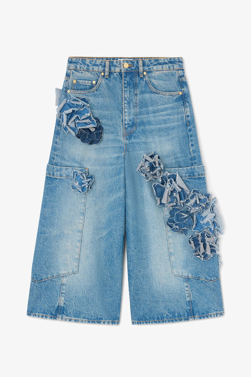 Jean baggy court en denim rigide, Organic Cotton, in colour Mid Blue Stone - 1 - GANNI