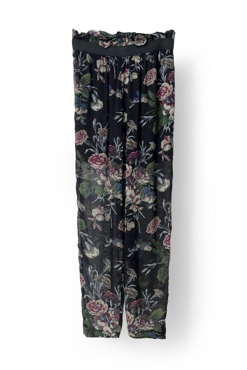 Bartlett Georgette Pants, in colour Black Bouquet - 1 - GANNI