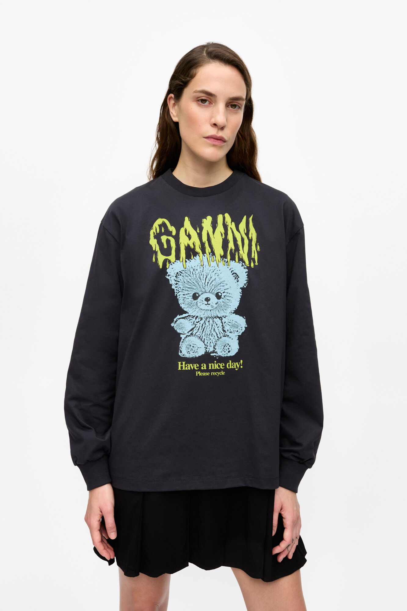 Sort langærmet teddy T-shirt i basalt bomuld, Cotton, in colour Phantom - 1 - GANNI
