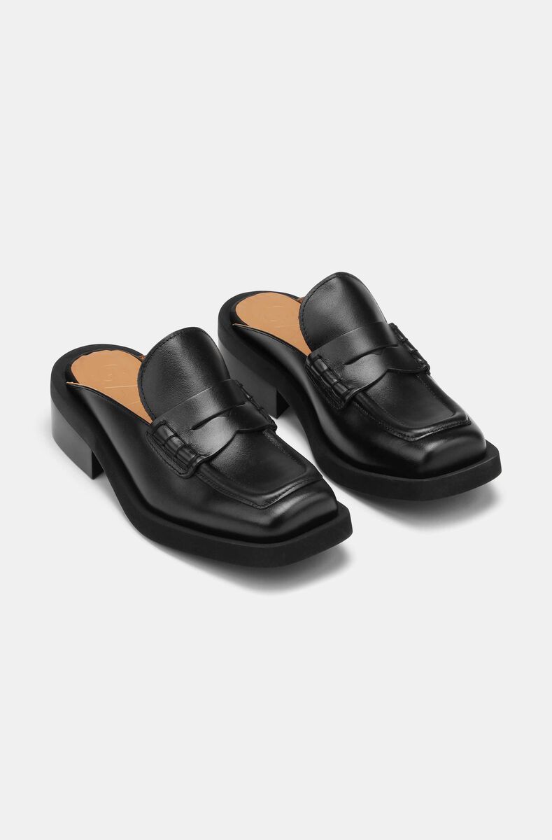 Square Toe Backless Loafers, Leather, in colour Black - 2 - GANNI