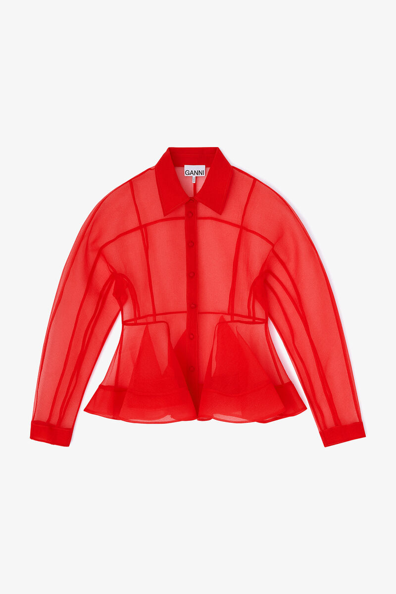 Chemise p&eacute;plum rouge en organza, Recycled Polyester, in colour Mars Red - 1 - GANNI
