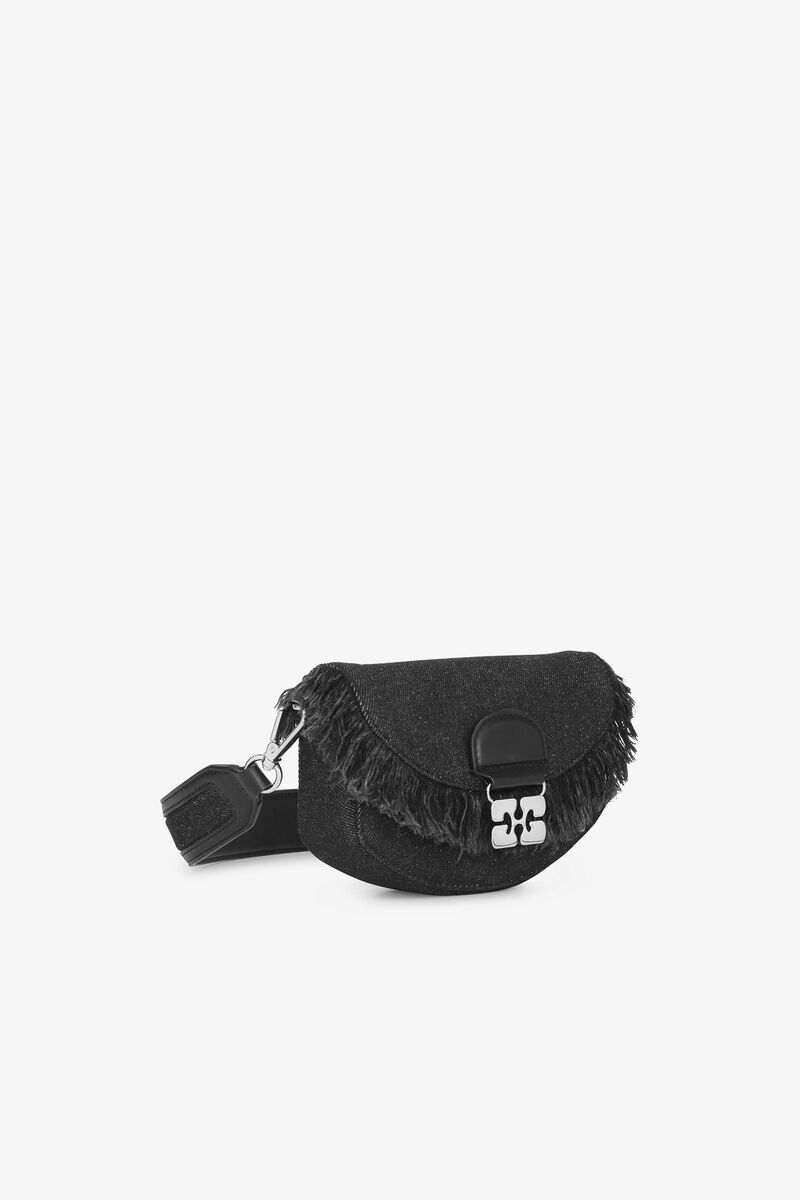 Black Denim Mini Apo-G Wallet On Chain, Recycled Cotton, in colour Black - 2 - GANNI
