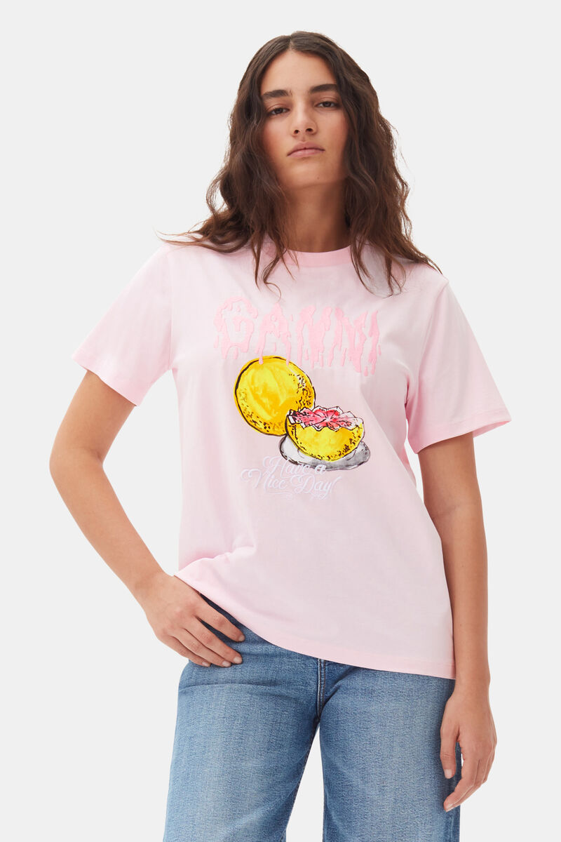 Pink Basic Jersey Grapefruit Relaxed T-Shirt, Cotton, in colour Chalk Pink - 1 - GANNI