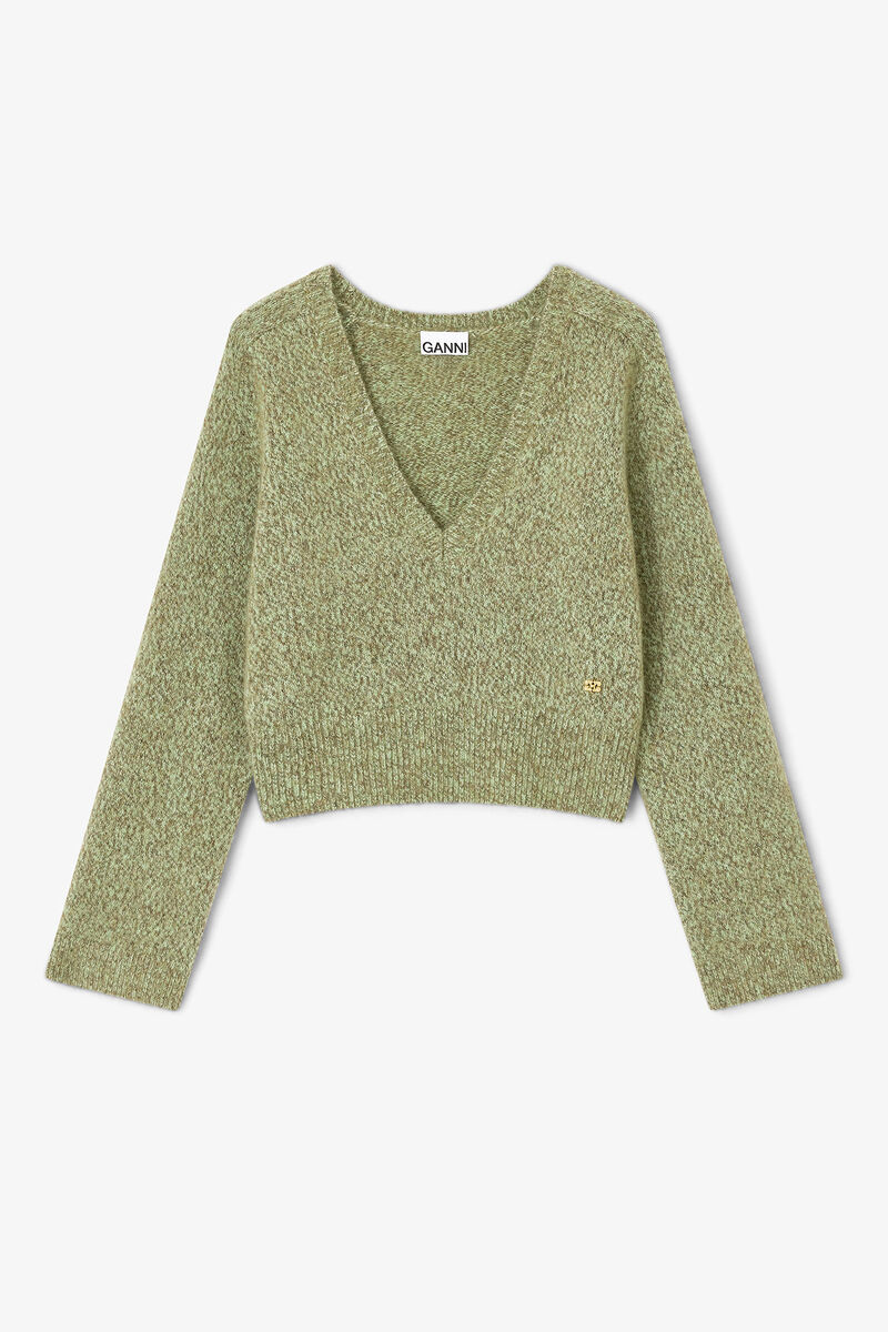 Green V-neck Sweater, Mohair, in colour Nile - 1 - GANNI