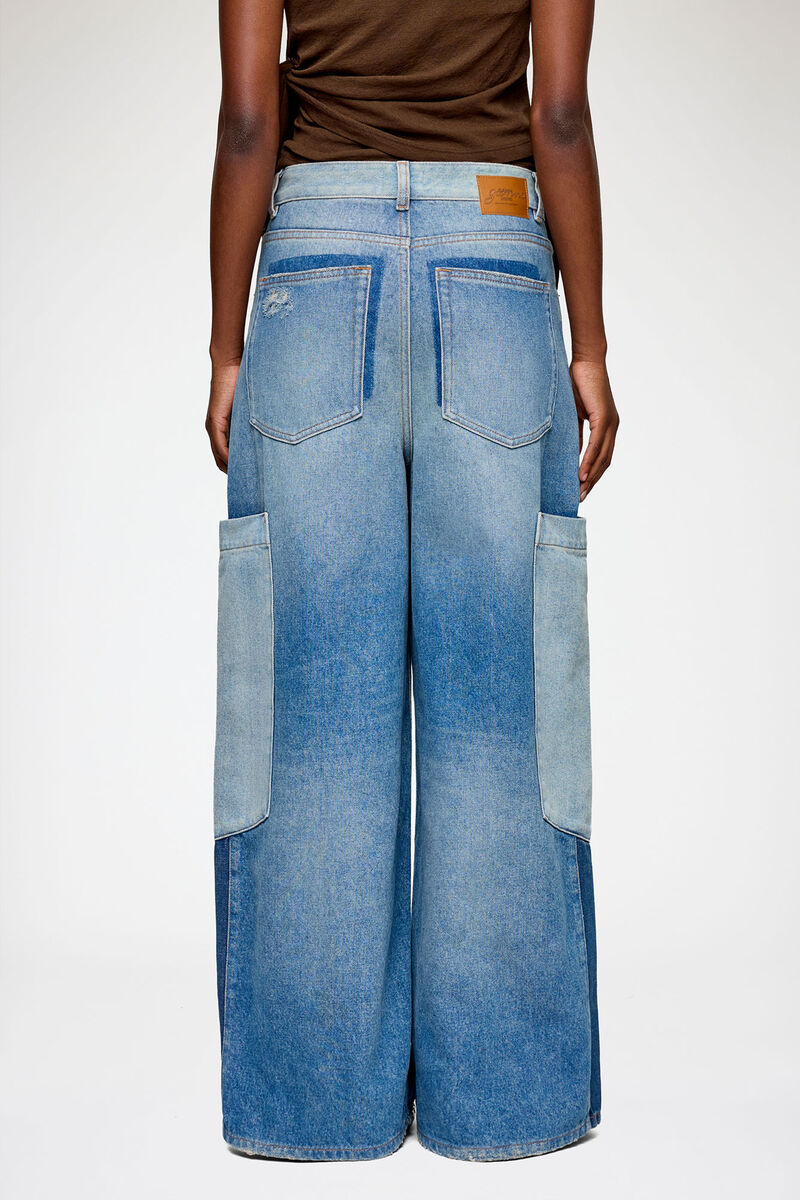 Baggy vid modell i lappt&auml;cksdenim, Organic Cotton, in colour Mid Blue Vintage - 3 - GANNI