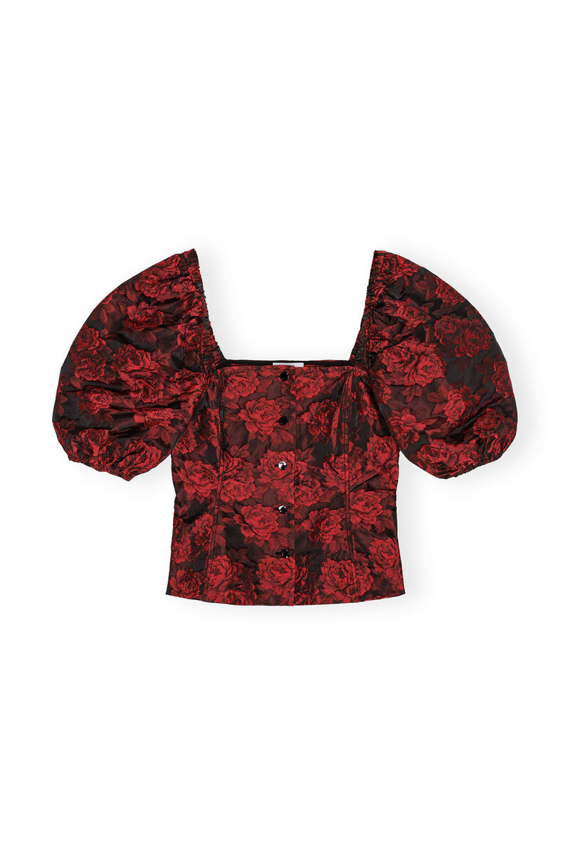 Red Botanical Jacquard Fitted Blouse, Polyamide, in colour High Risk Red - 1 - GANNI