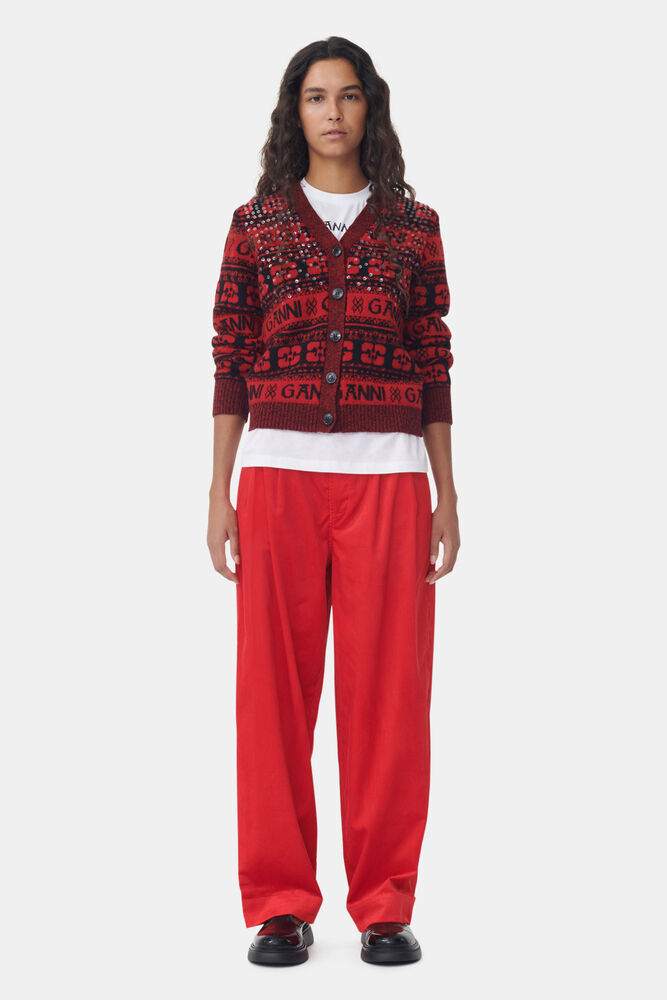 Red Shiny Corduroy Loose Pleat Trousers, High Risk Red