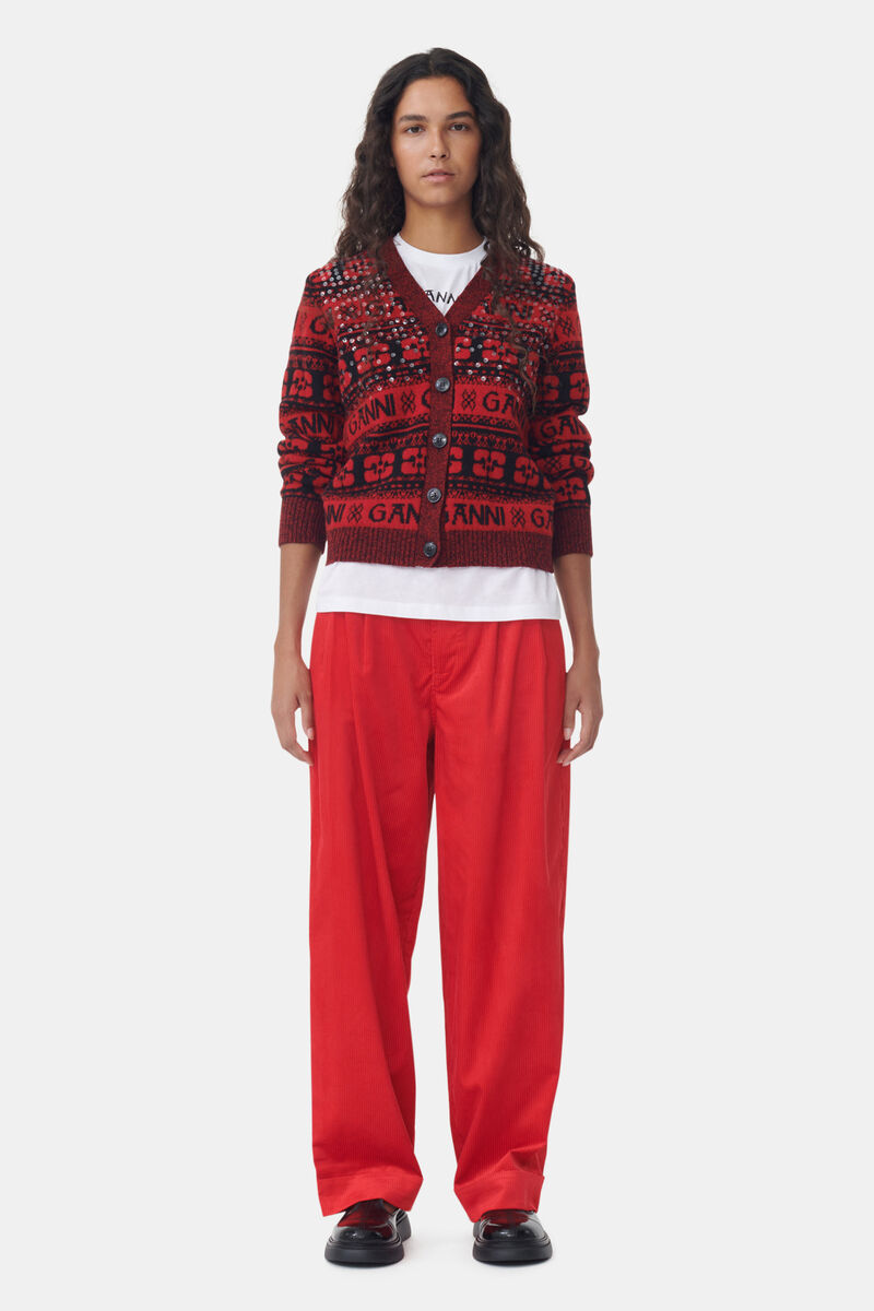 Red Shiny Corduroy Loose Pleat Trousers, Organic Cotton, in colour High Risk Red - 1 - GANNI