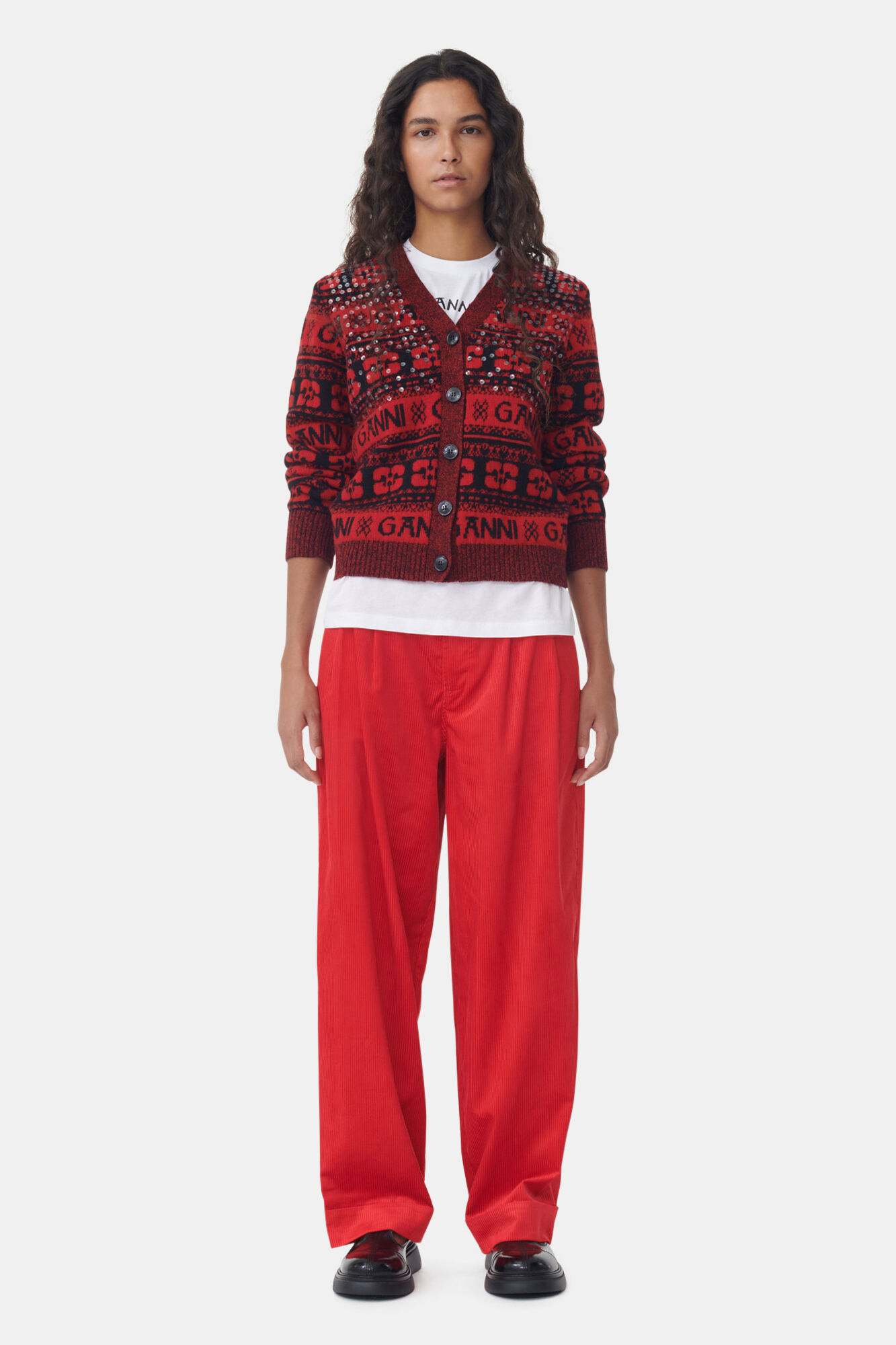 Red Shiny Corduroy Loose Pleat Trousers, Organic Cotton, in colour High Risk Red - 1 - GANNI