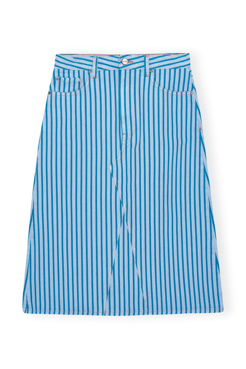 Re-cut Striped Denim Midinederdel, Cotton, in colour Silver Lake Blue - 1 - GANNI