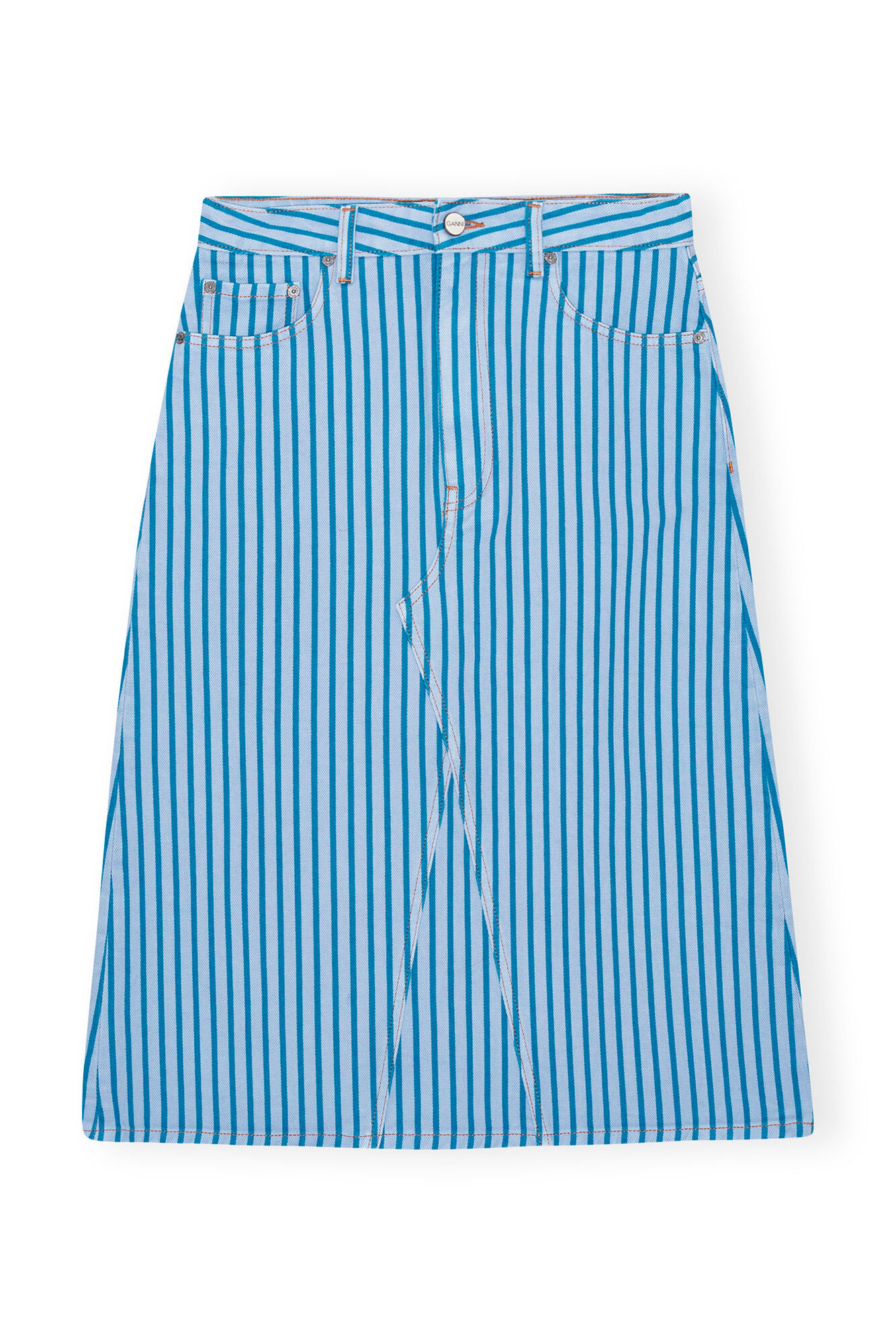 Re-cut Striped Denim Midi Skirt, Cotton, in colour Silver Lake Blue - 1 - GANNI