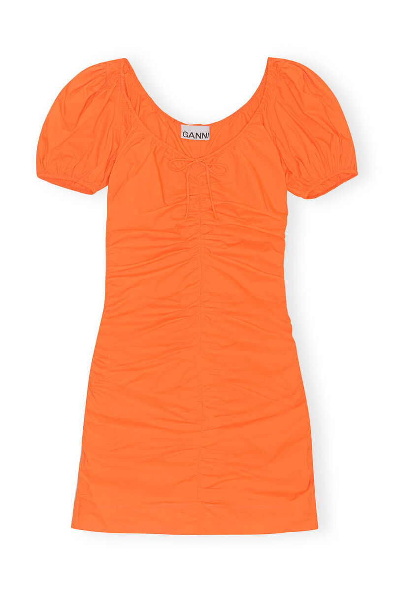 Cotton Poplin Gathered U-neck Mini Dress, Cotton, in colour Vibrant Orange - 1 - GANNI