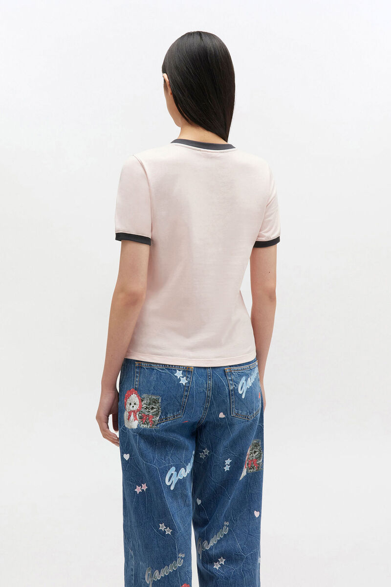 Rosa croppad t-shirt med djurmotiv, Cotton, in colour Primrose Pink - 3 - GANNI