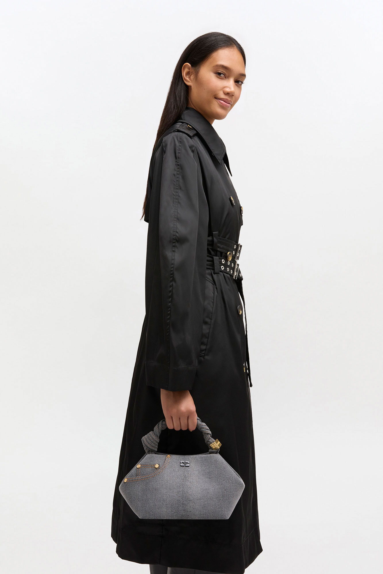 Washed Grey Small Bou Bag, Recycled Cotton, in colour Lava Smoke - 1 - GANNI