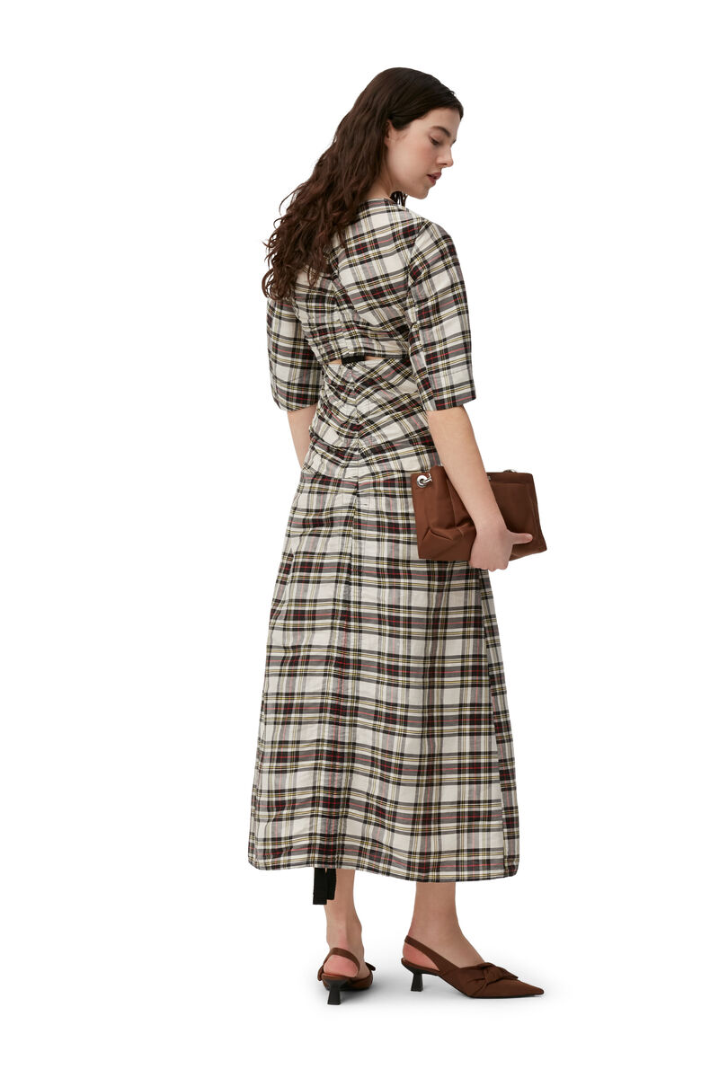 Checkered Cut-out Maxi Dress, Linen, in colour Check Egret - 2 - GANNI