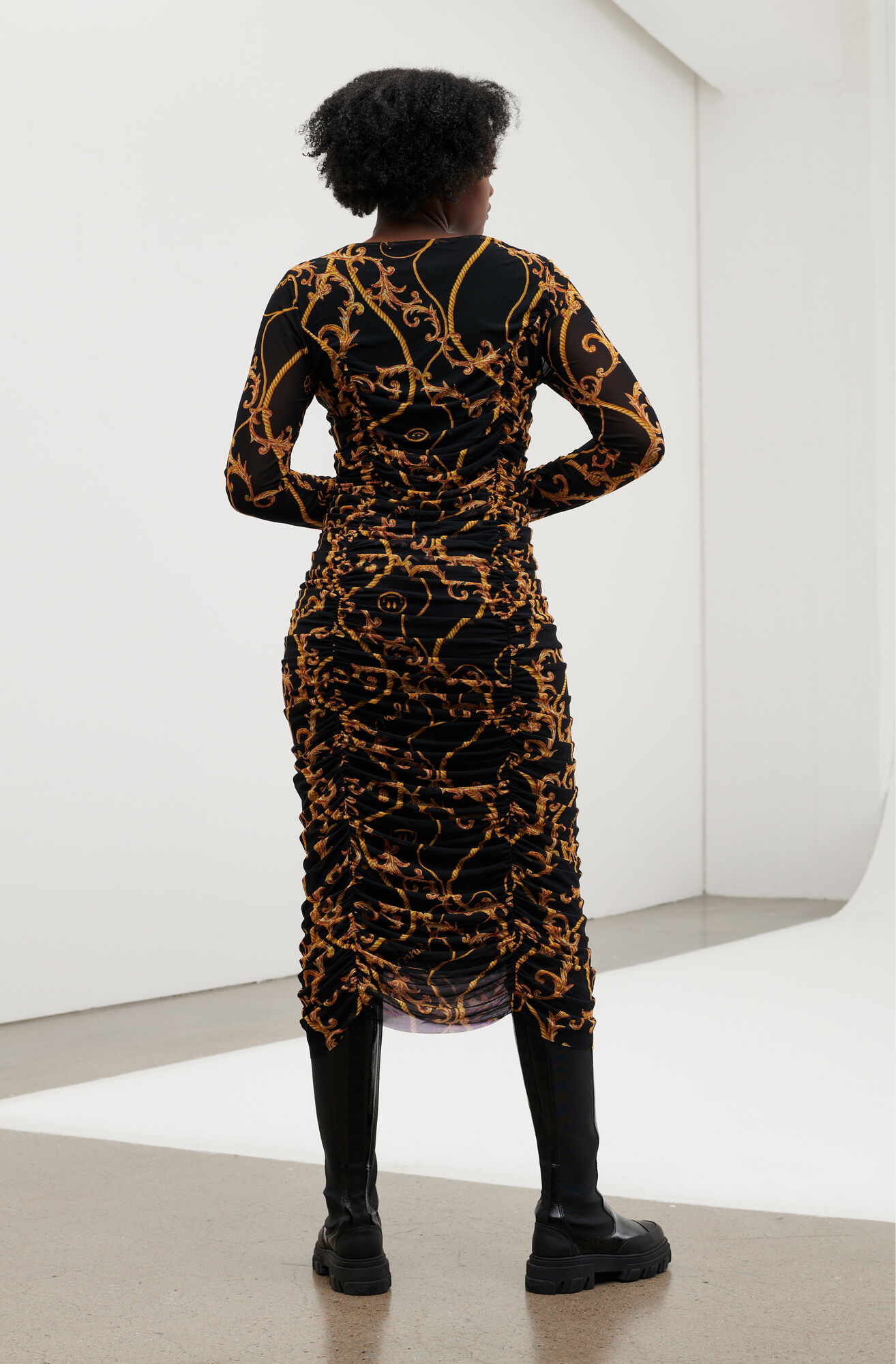 Printed Mesh U-neck Gathered Panel Dress, Nylon, in colour Black - 2 - GANNI