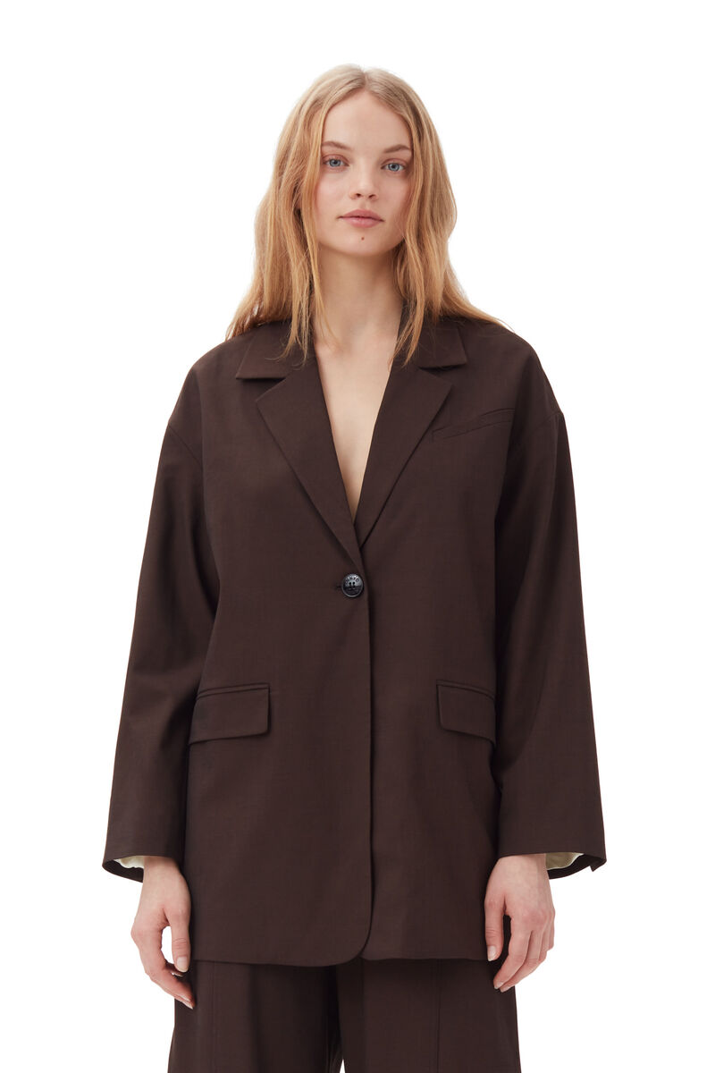 Brown Drapey Melange Boxy-blazer, Elastane, in colour Mole - 1 - GANNI
