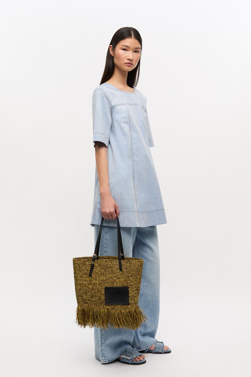 Raffia Tote Fringes Bag Small, in colour Spinach Green - 1 - GANNI