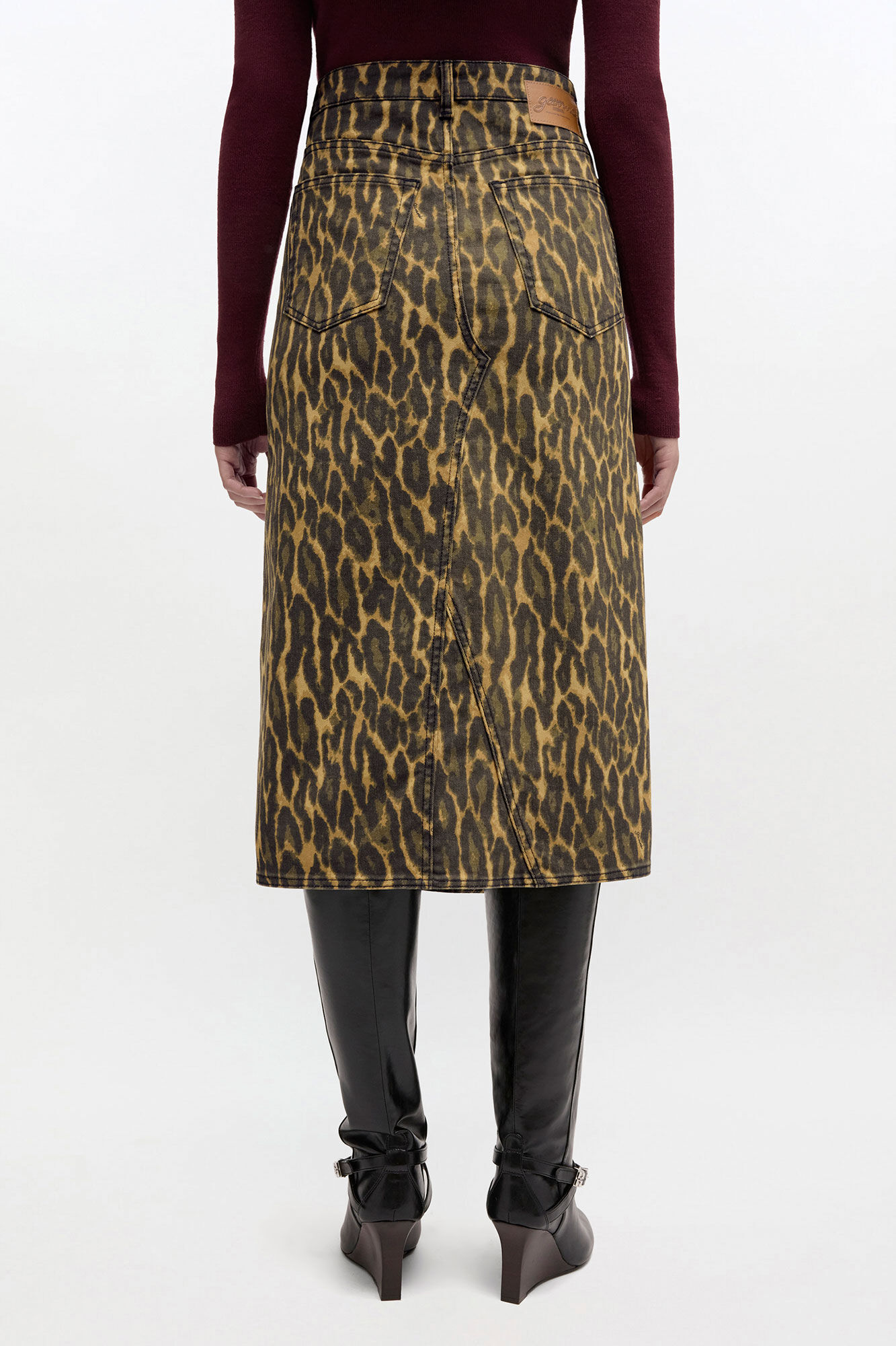 Khaki Leopard Print Denim Midi Skirt | GANNI BE