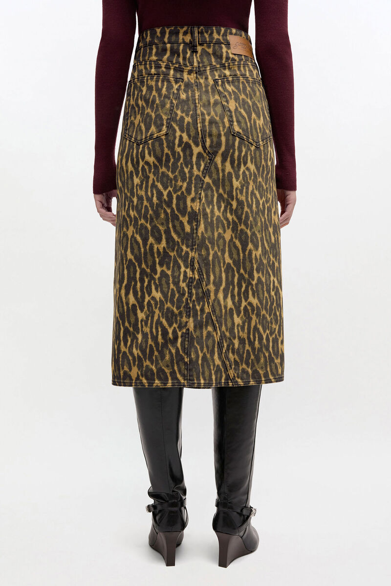 Leopard Print Denim Midi Skirt, Organic Cotton, in colour Khaki - 2 - GANNI