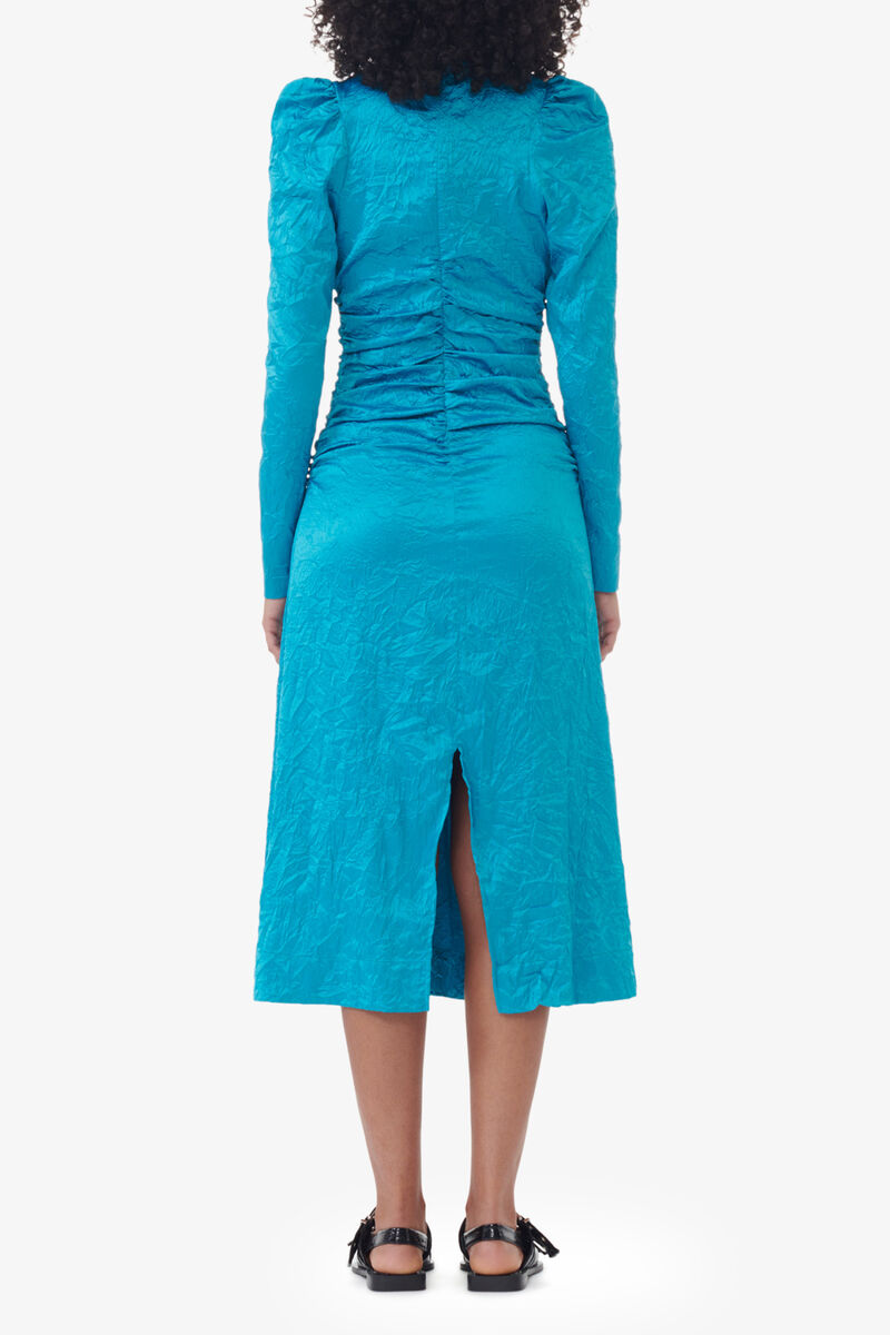 Robe midi bleue en satin froiss&eacute; avec col rond, Recycled Polyester, in colour Algiers Blue - 3 - GANNI