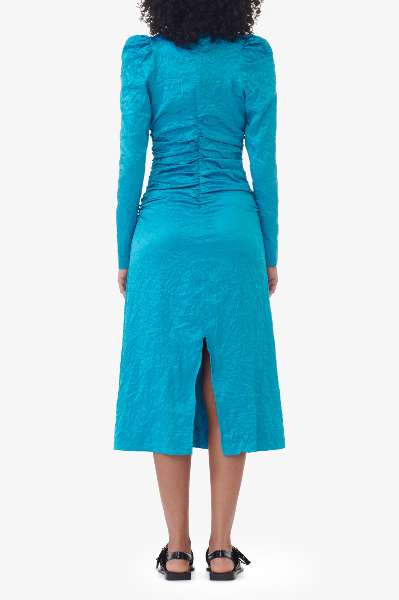 Robe midi bleue en satin froiss&eacute; avec col rond, Recycled Polyester, in colour Algiers Blue - 3 - GANNI