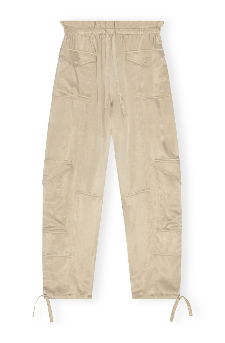 Beige Washed Satin Pocket-bukser, Cupro, in colour Safari - 1 - GANNI