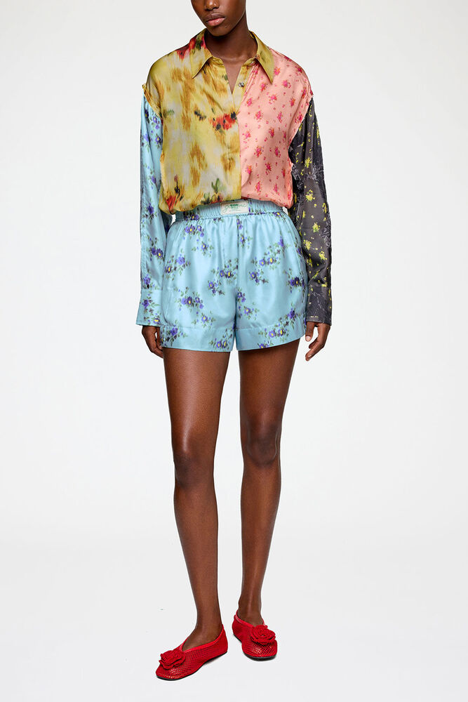 Shorts in Printed Silk, Iced Aqua