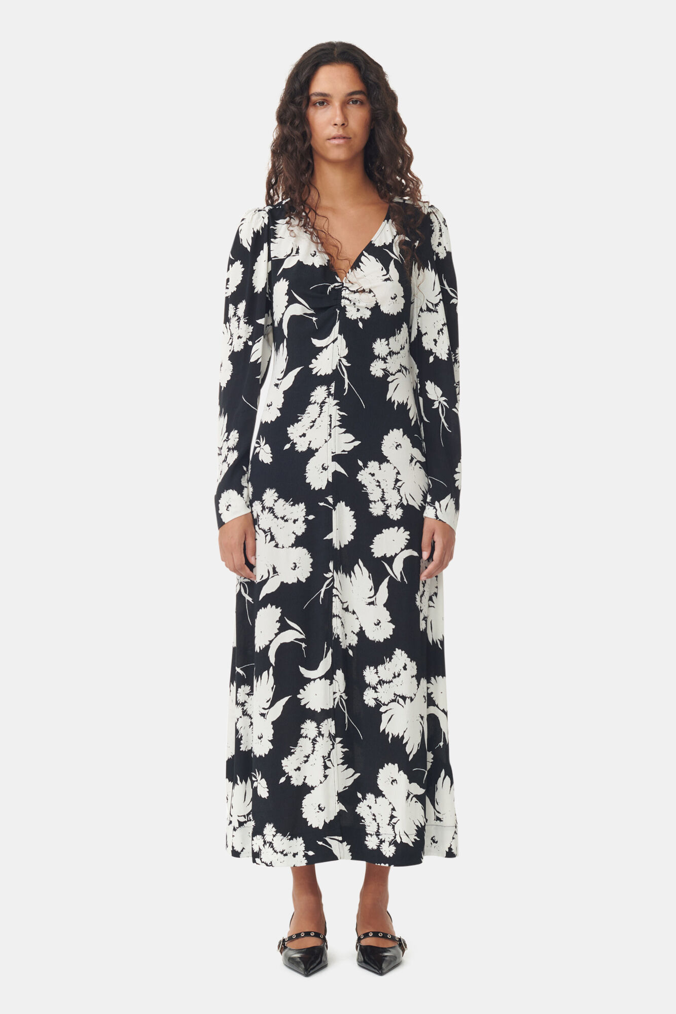 black-printed-crepe-v-neck-dress-ganni-at