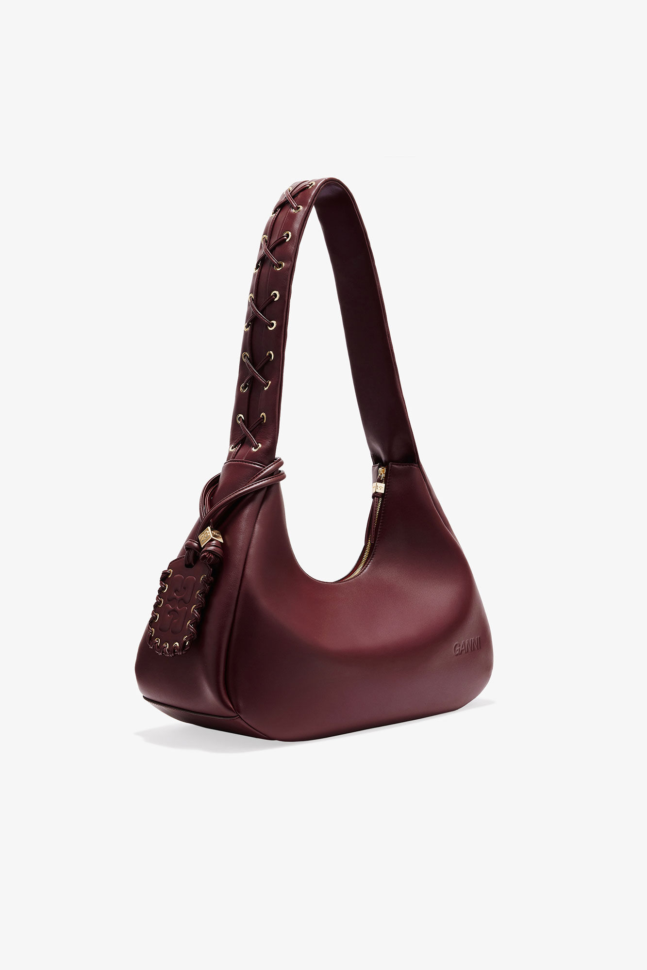 Burgundy Medium Laces Hobo Bag, Polyester, in colour Burgundy - 2 - GANNI
