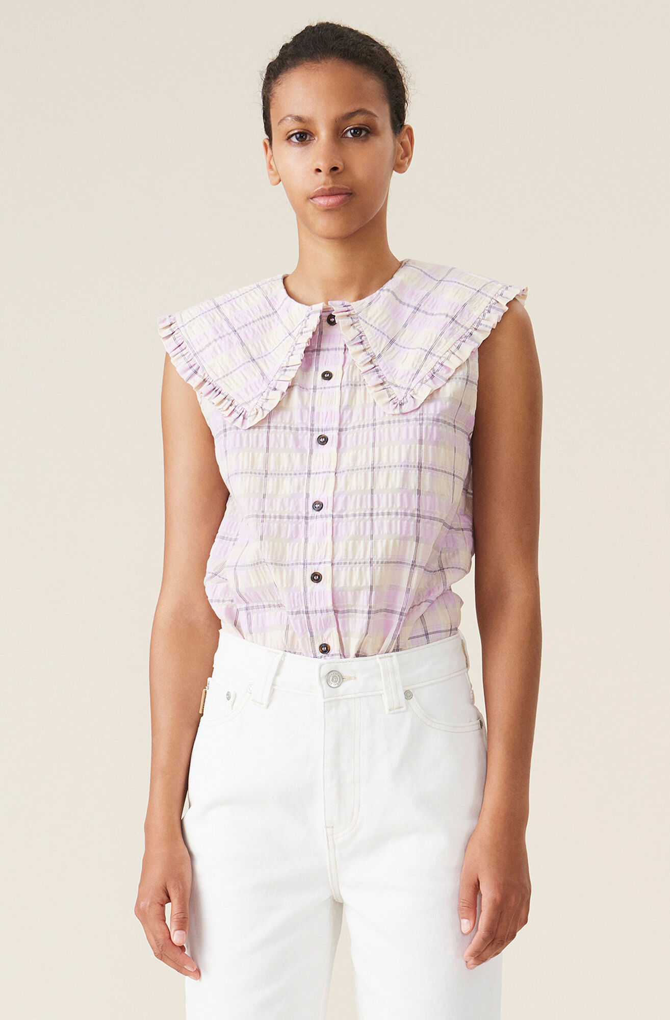 Seersucker Check Sleeveless Shirt Ganni It