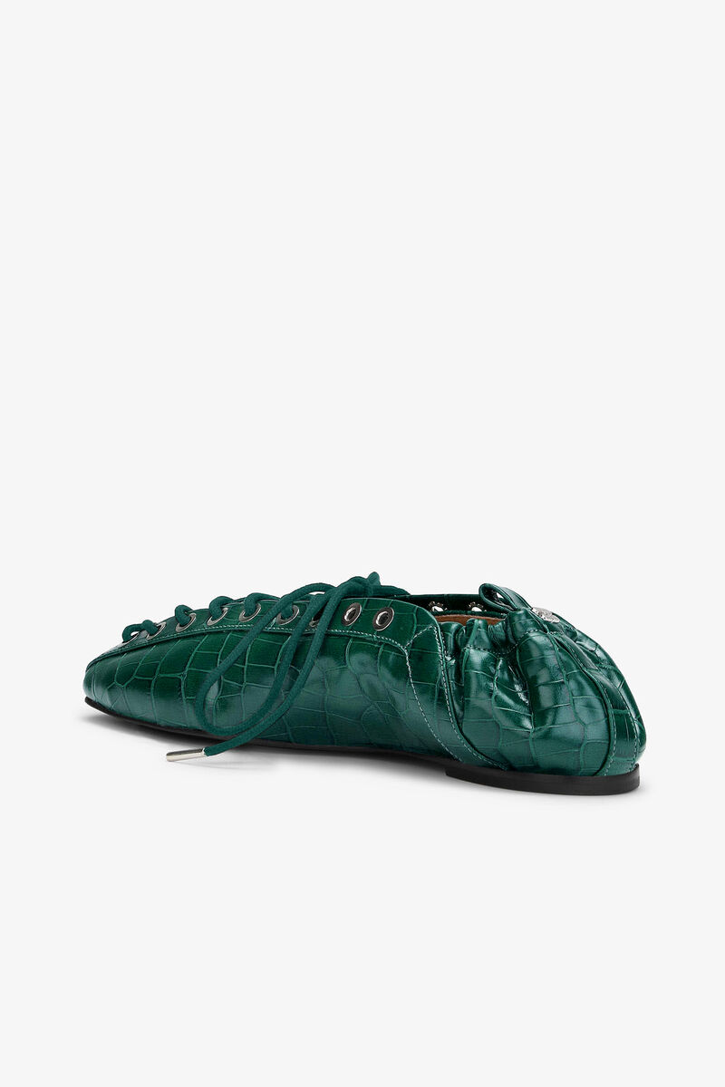 Lace-Up Ballerinas in Green Croco, Recycled Leather, in colour Pineneedle - 3 - GANNI