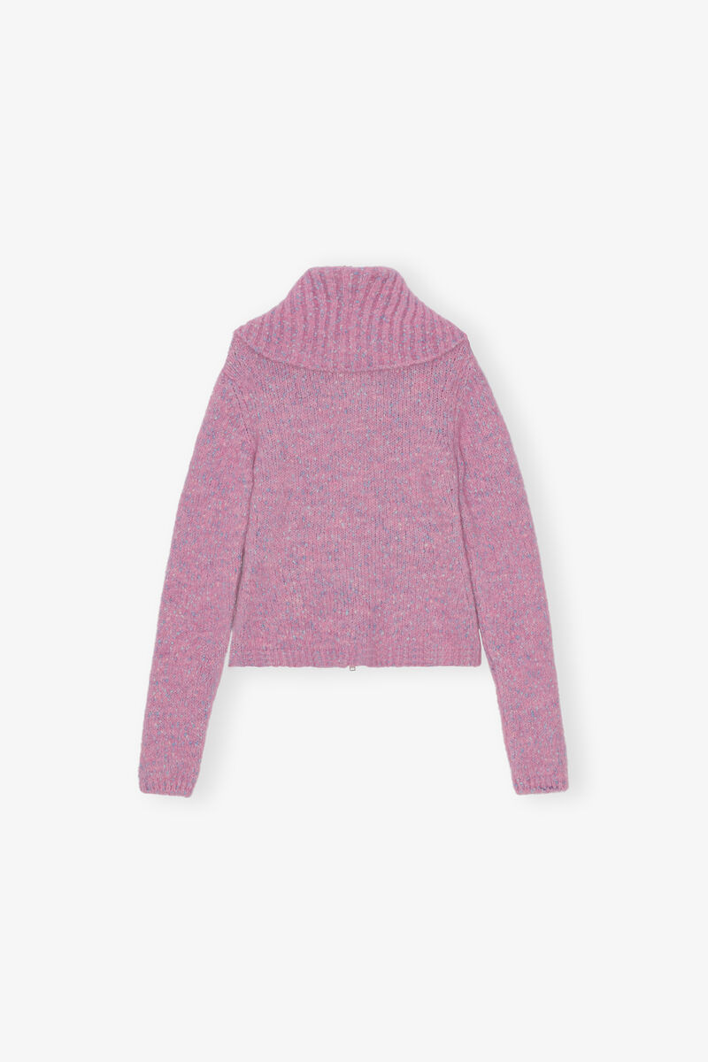 Pink Highneck Zip Cardigan, Alpaca, in colour Rose Violet - 2 - GANNI