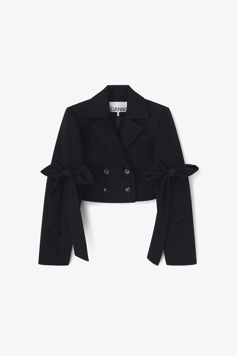 Black Crepe Cropped Blazer, Recycled Polyester, in colour Black - 1 - GANNI