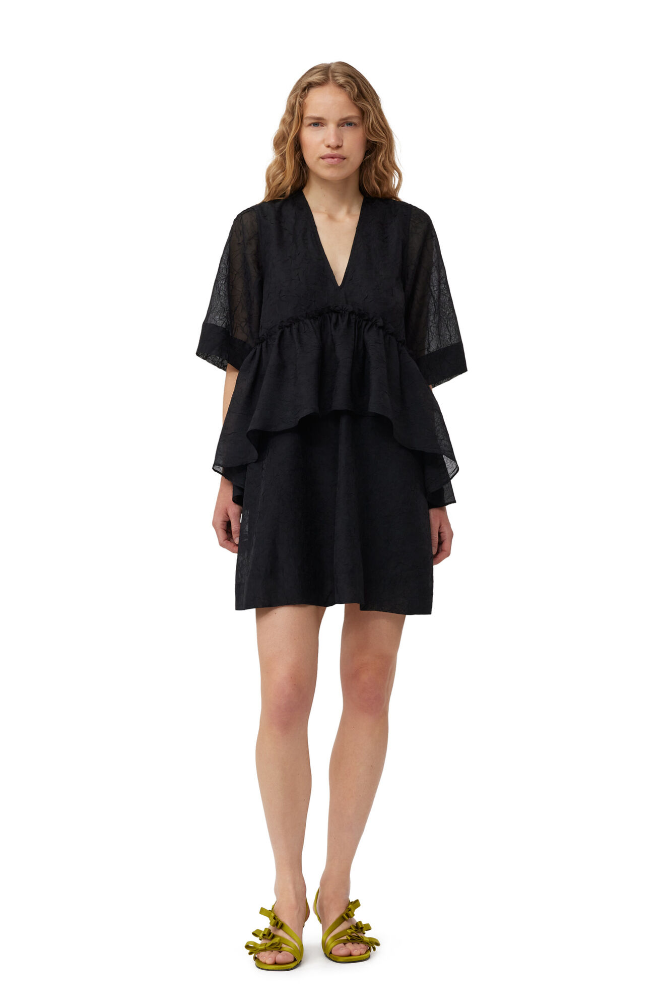 Ganni Black Crinkled Georgette Flounce Mini Dress